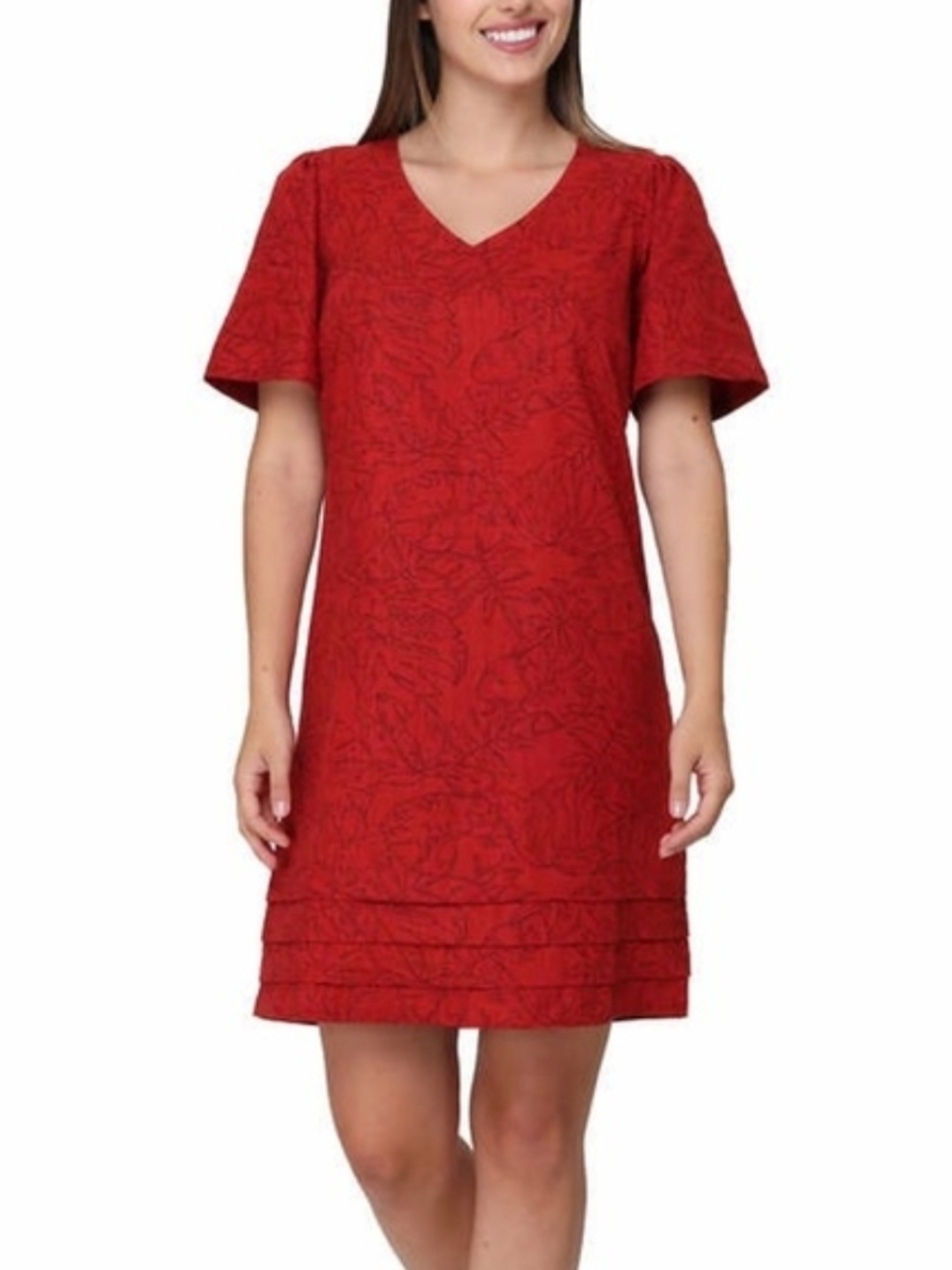 Pre-loved $45 Dress Textured Red V-Neck with Tiered Hem - Small